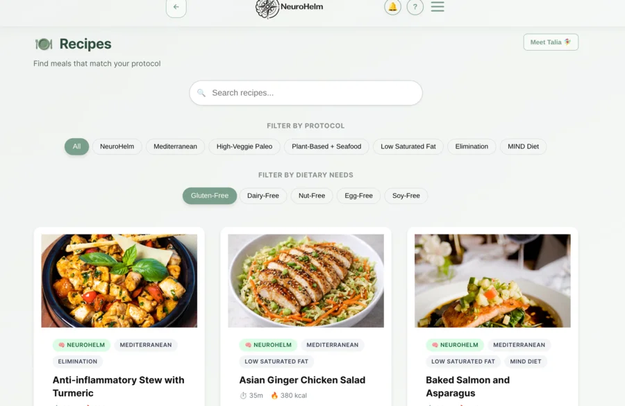 Recipe database with protocol and allergen filters