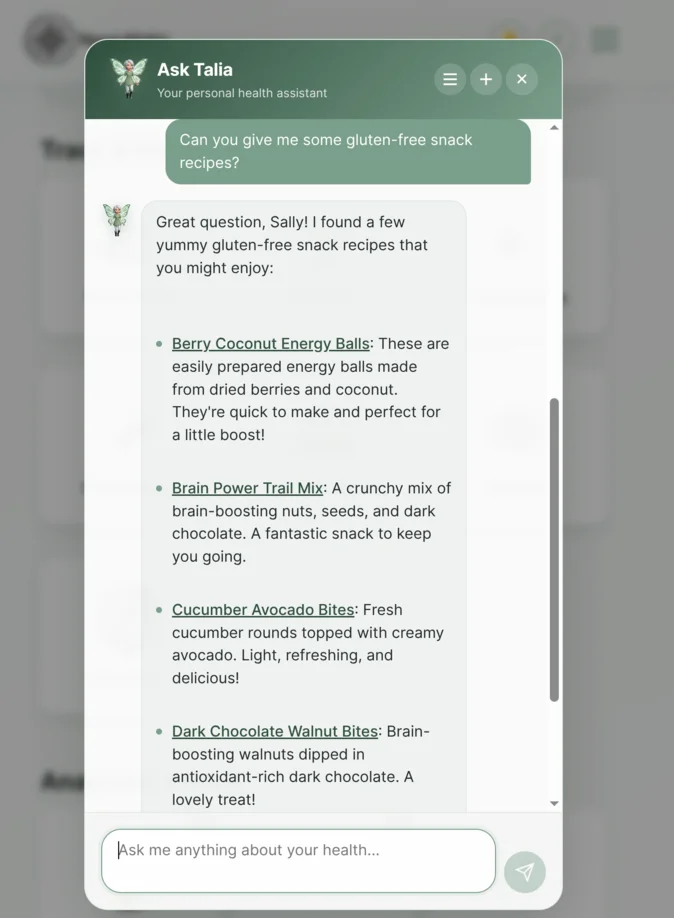 Talia suggesting recipes with direct links