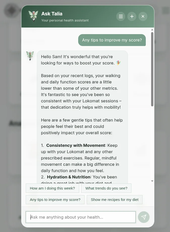 Talia AI chat – personalised tips to improve wellness score